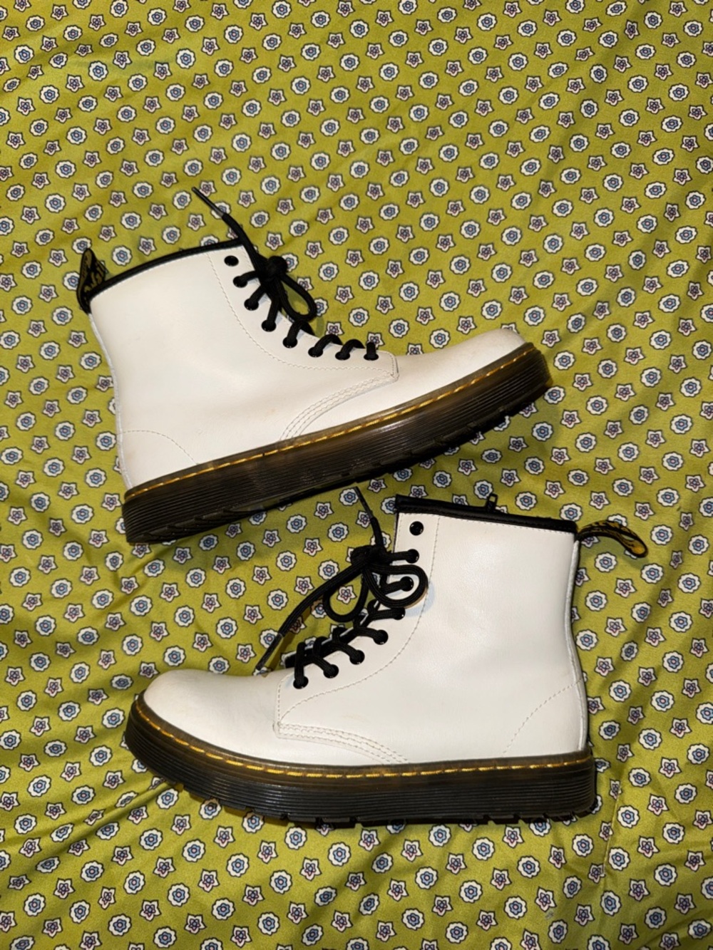 Dr. Martens White Lace-Up Combat Boots with Black Trim